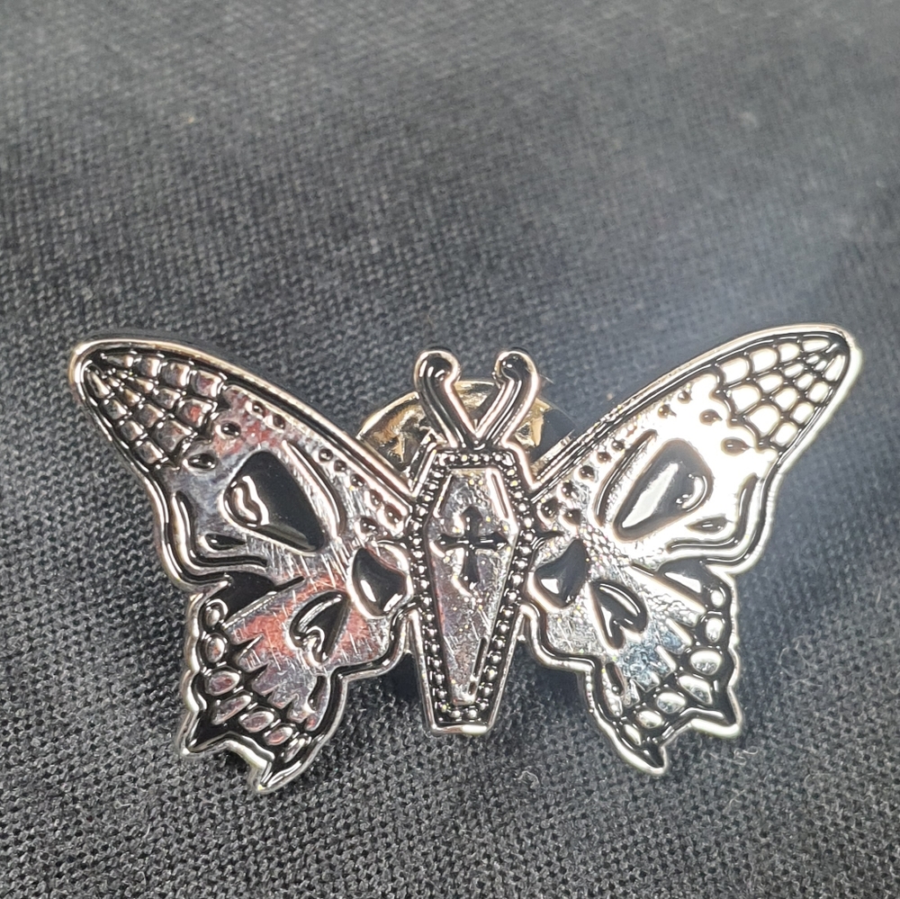 Silver Skull Butterfly Enamel Pin